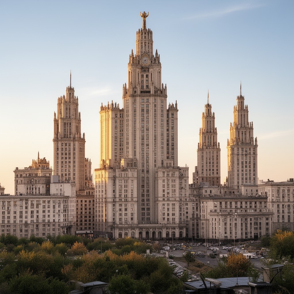 AI-generated illustration of Seven Sisters (Moscow skyscrapers)