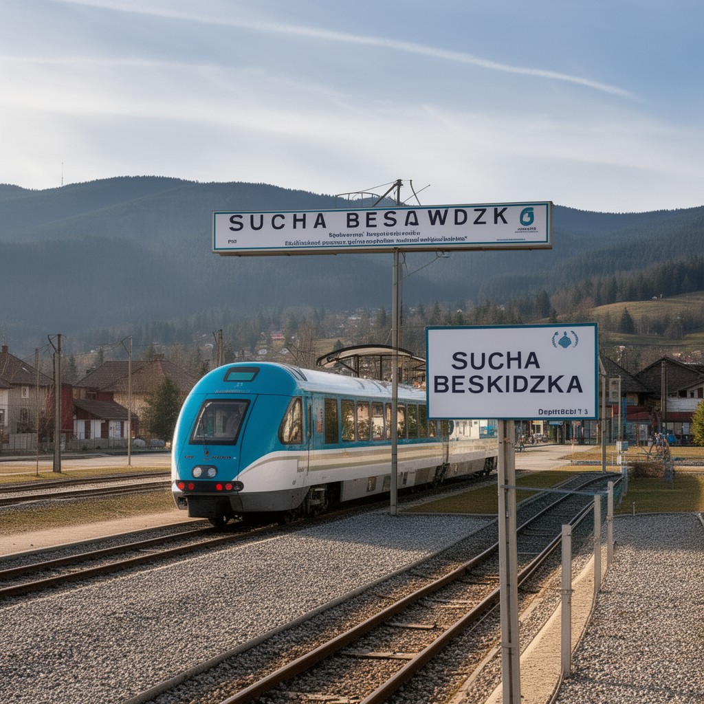 AI-generated illustration of Sucha Beskidzka railway station