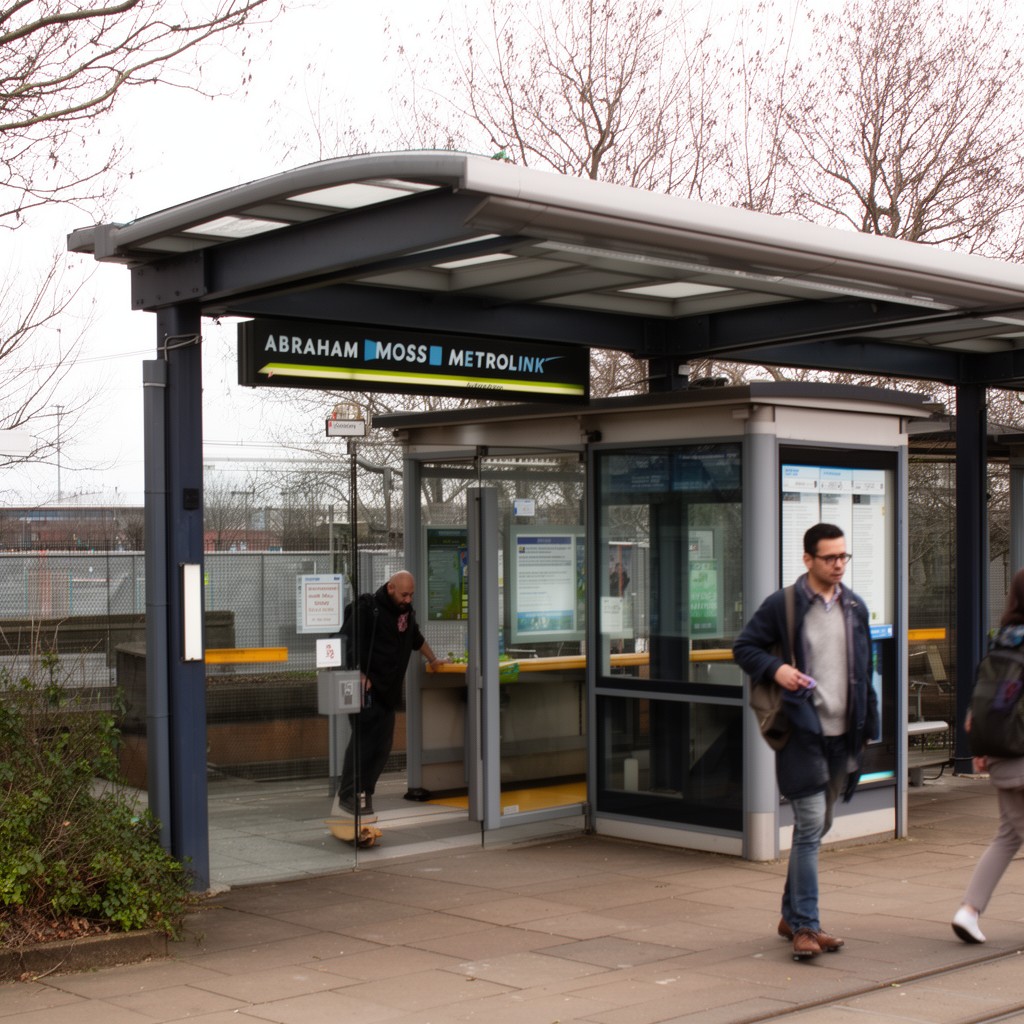 AI-generated illustration of Abraham Moss Metrolink stop