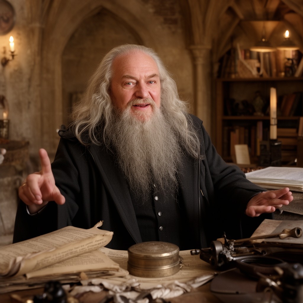 AI-generated illustration of Richard Harris as Albus Dumbledore