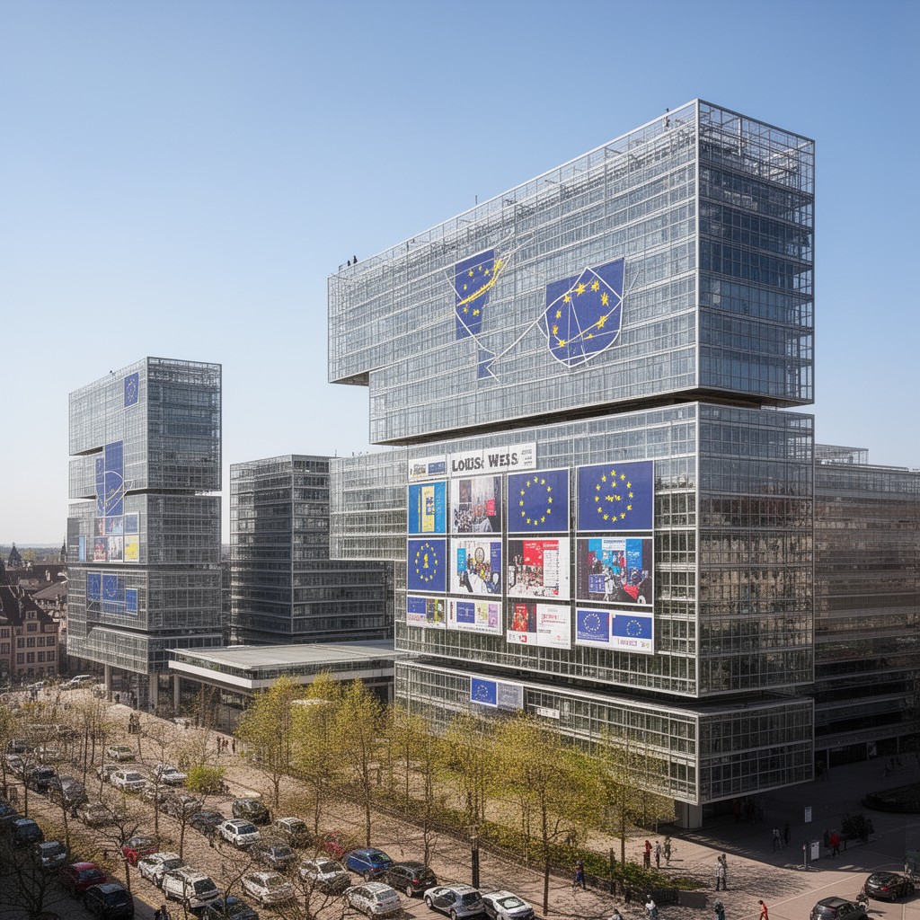 AI-generated illustration of Louise Weiss building (Strasbourg)