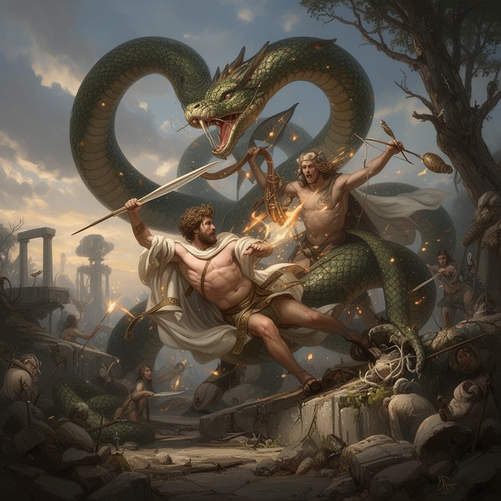 AI-generated illustration of Apollo slaying Python