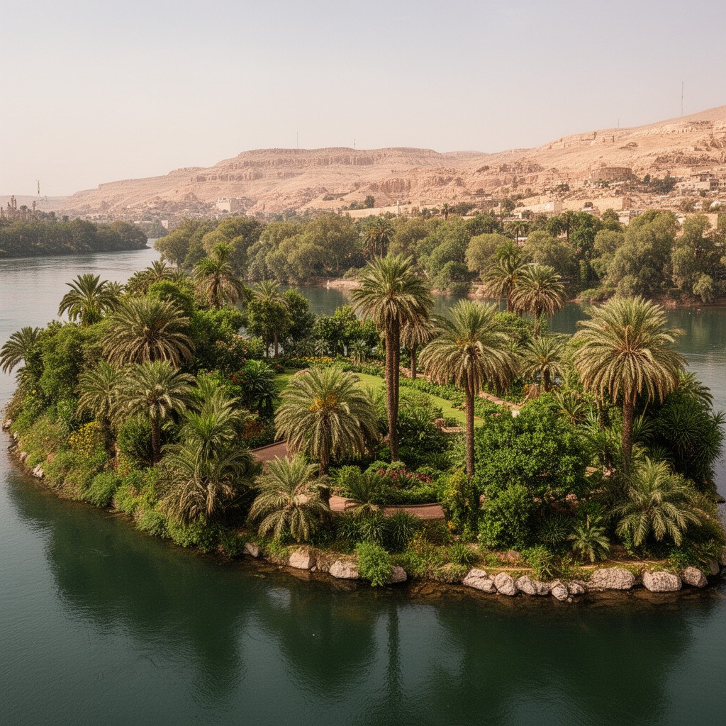 AI-generated illustration of Aswan Botanical Garden