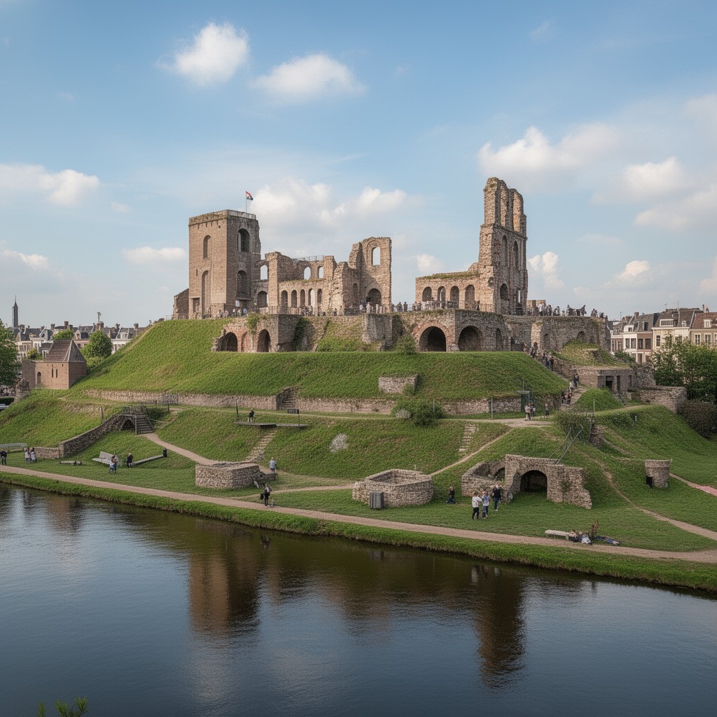 AI-generated illustration of Valkhof hill and ruins