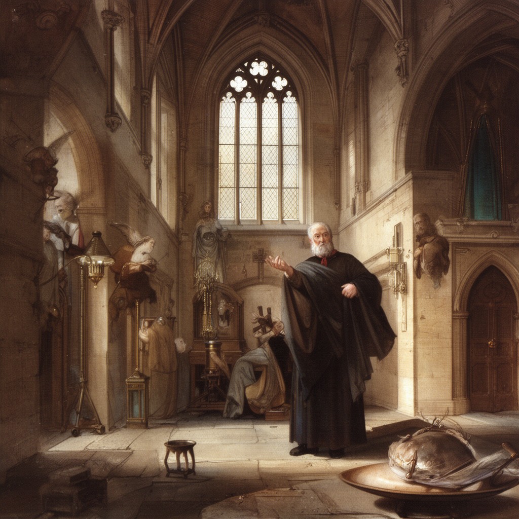 AI-generated illustration of Thorney Abbey (translated relics)