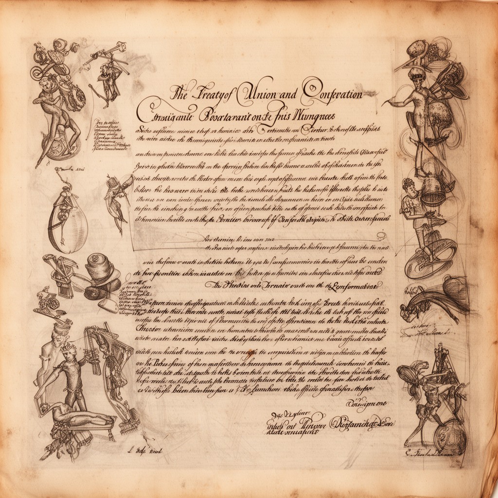 AI-generated illustration of Treaty of Peace, Union and Confederation between His Majesty the King of Great Britain and the States General of the United Provinces