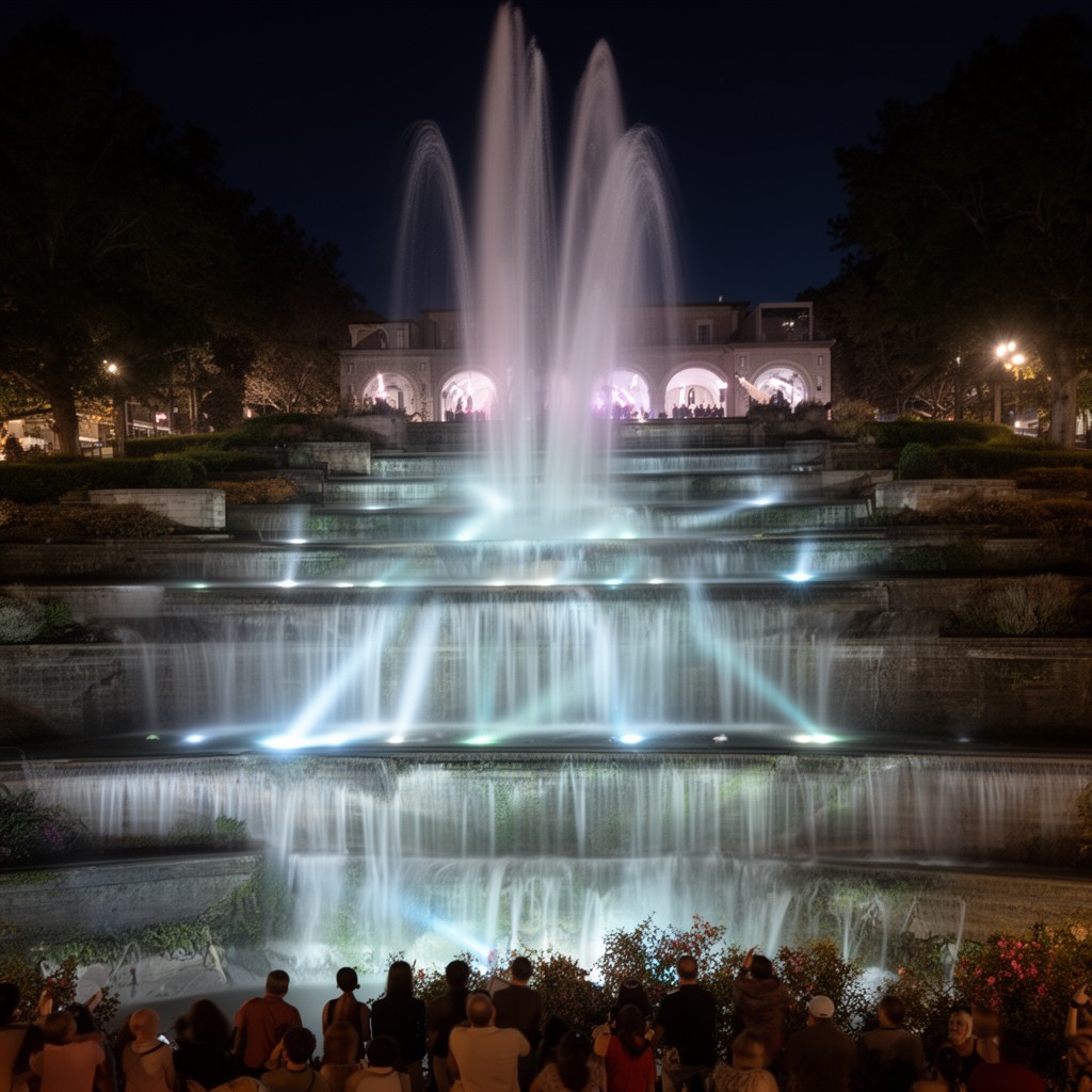 AI-generated illustration of The Cascades (illuminated man-made waterfalls)
