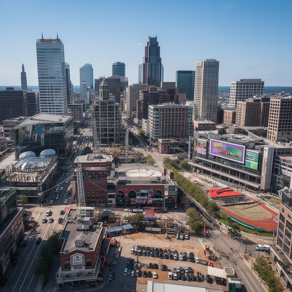 AI-generated illustration of downtown Atlanta entertainment district