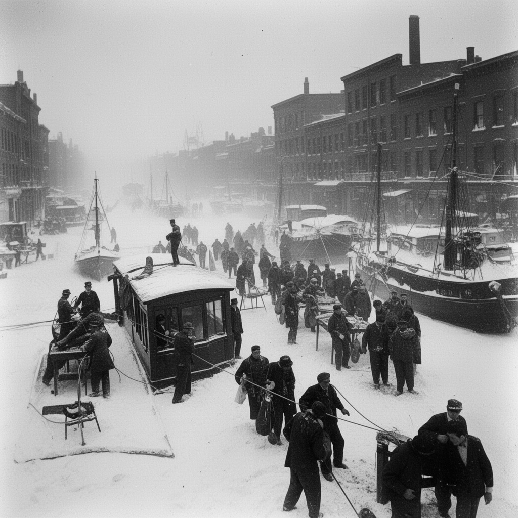 AI-generated illustration of Great Blizzard of 1888 rescue operations