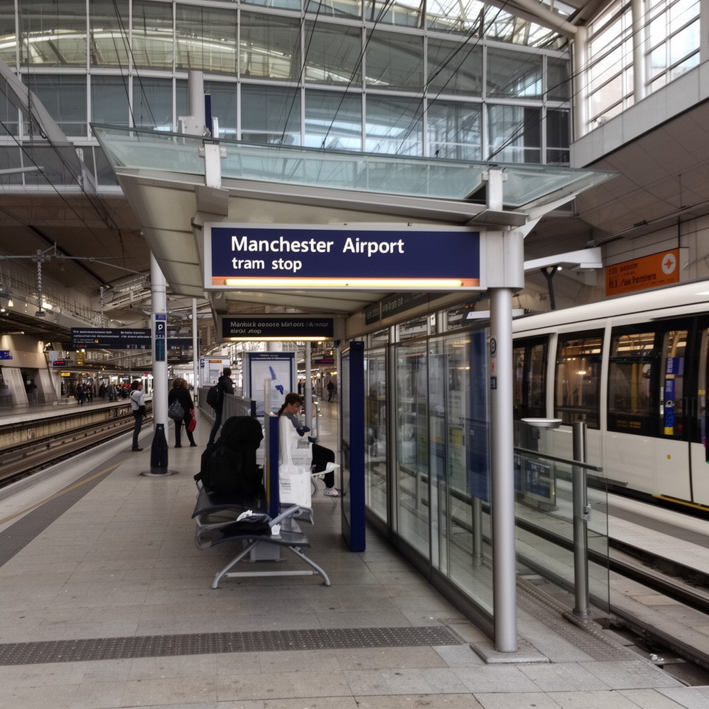 AI-generated illustration of Manchester Airport tram stop