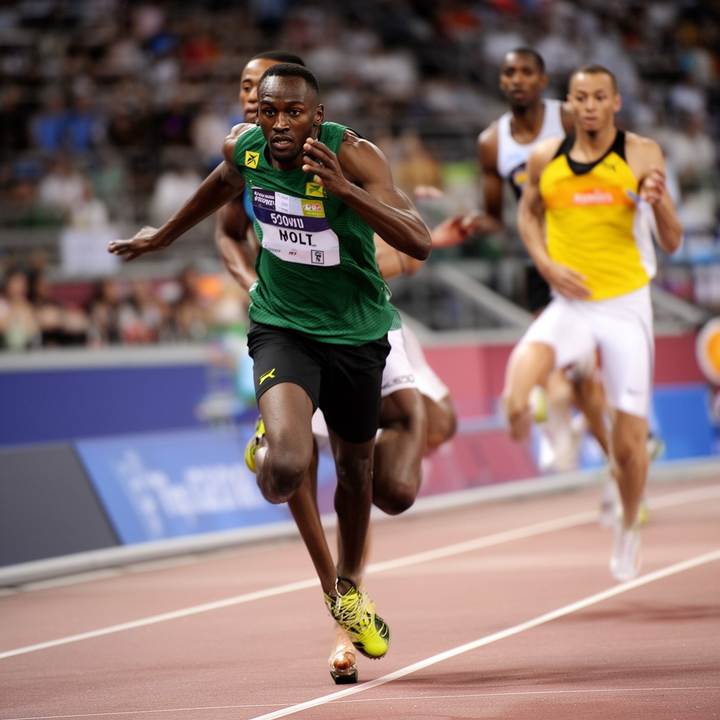 AI-generated illustration of Usain Bolt set world records in the 100 m and 200 m sprints