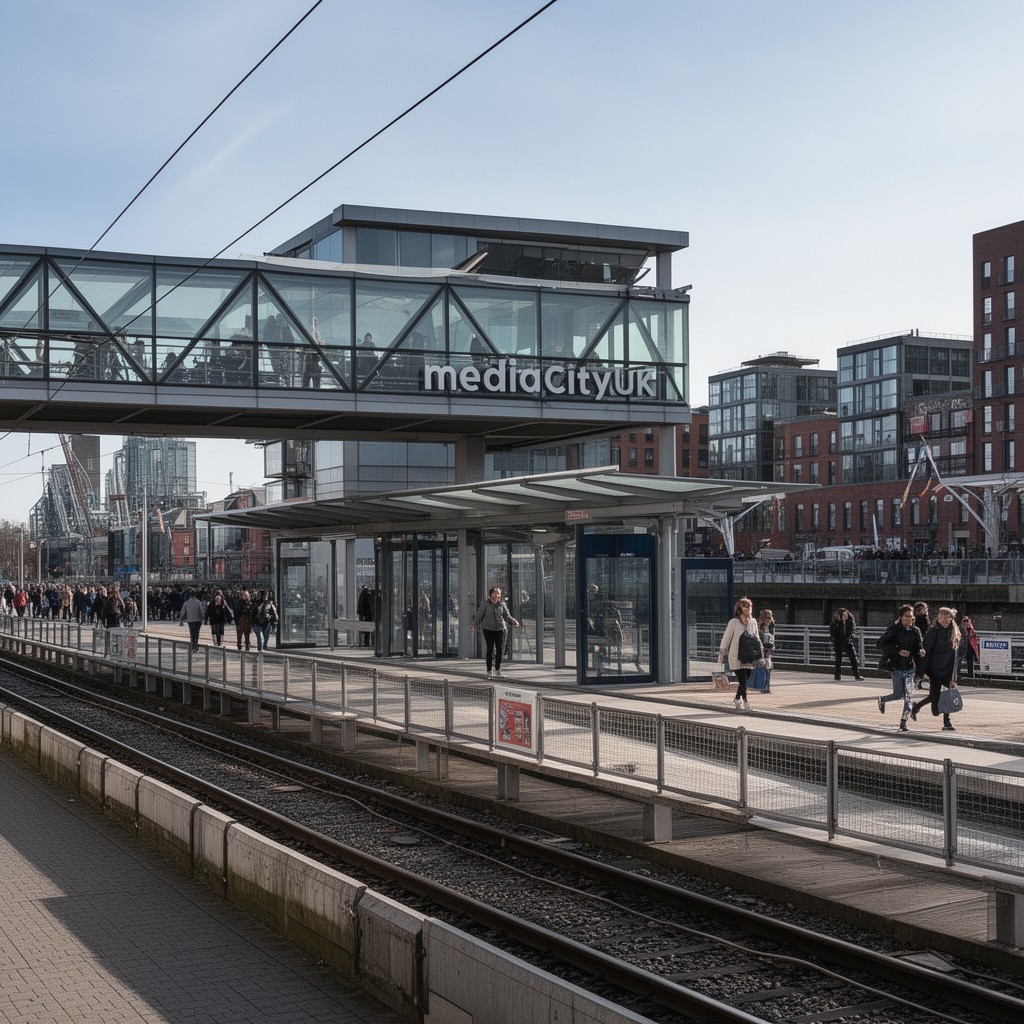 AI-generated illustration of MediaCityUK tram stop