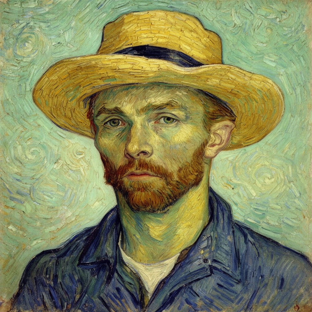 AI-generated illustration of Self-Portrait with a Straw Hat by Vincent van Gogh
