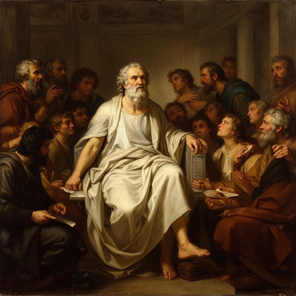 AI-generated illustration of The Death of Socrates by Jacques-Louis David