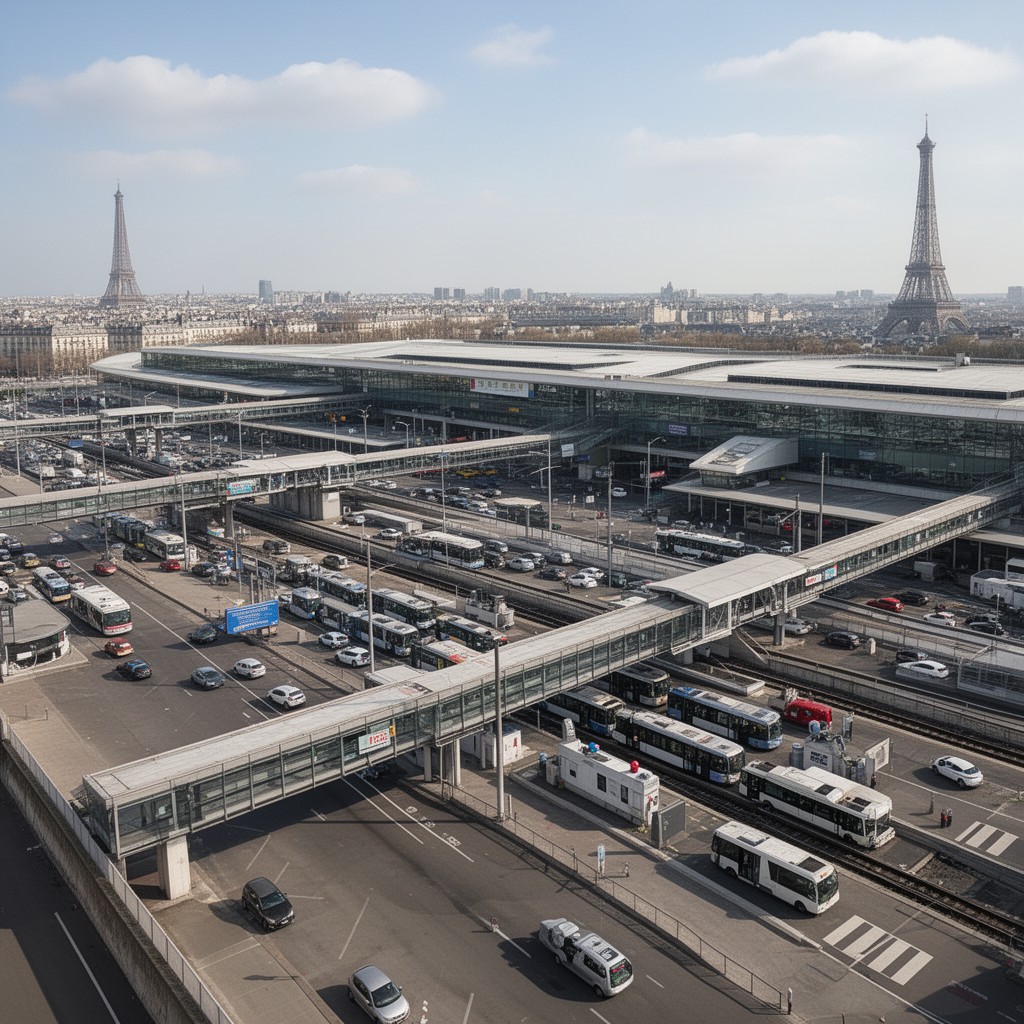 AI-generated illustration of Paris Charles de Gaulle Airport ground transport system