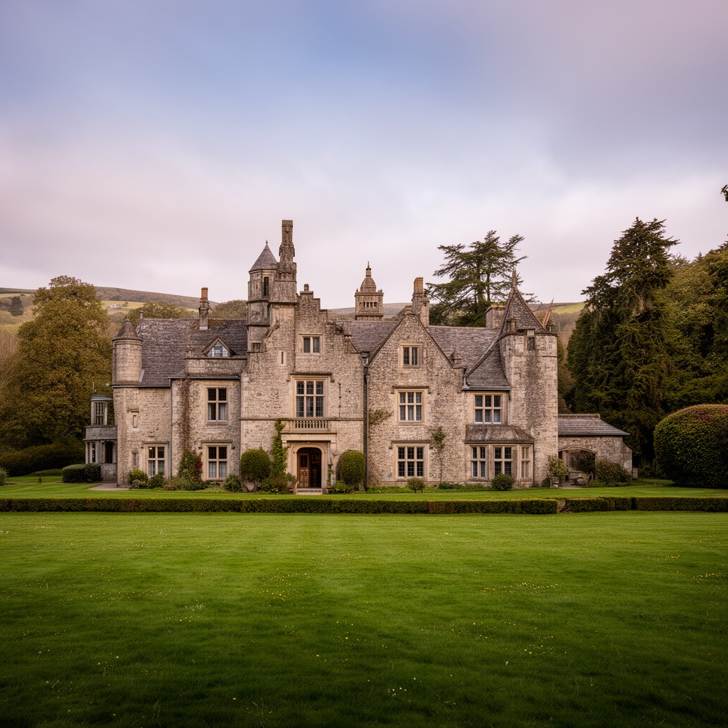 AI-generated illustration of Walreddon Manor, near Tavistock, Devon, England