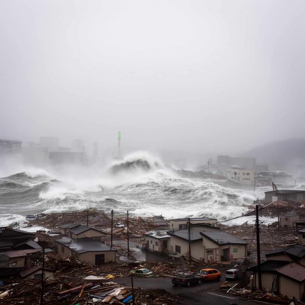 AI-generated illustration of 2011 Tōhoku earthquake and tsunami