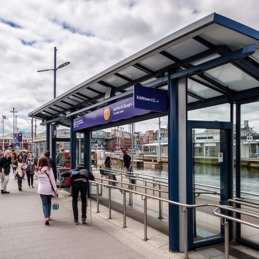 AI-generated illustration of Salford Quays tram stop