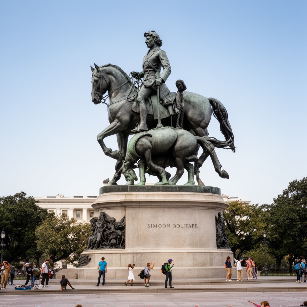 AI-generated illustration of equestrian statue of Simón Bolívar in Washington, D.C.