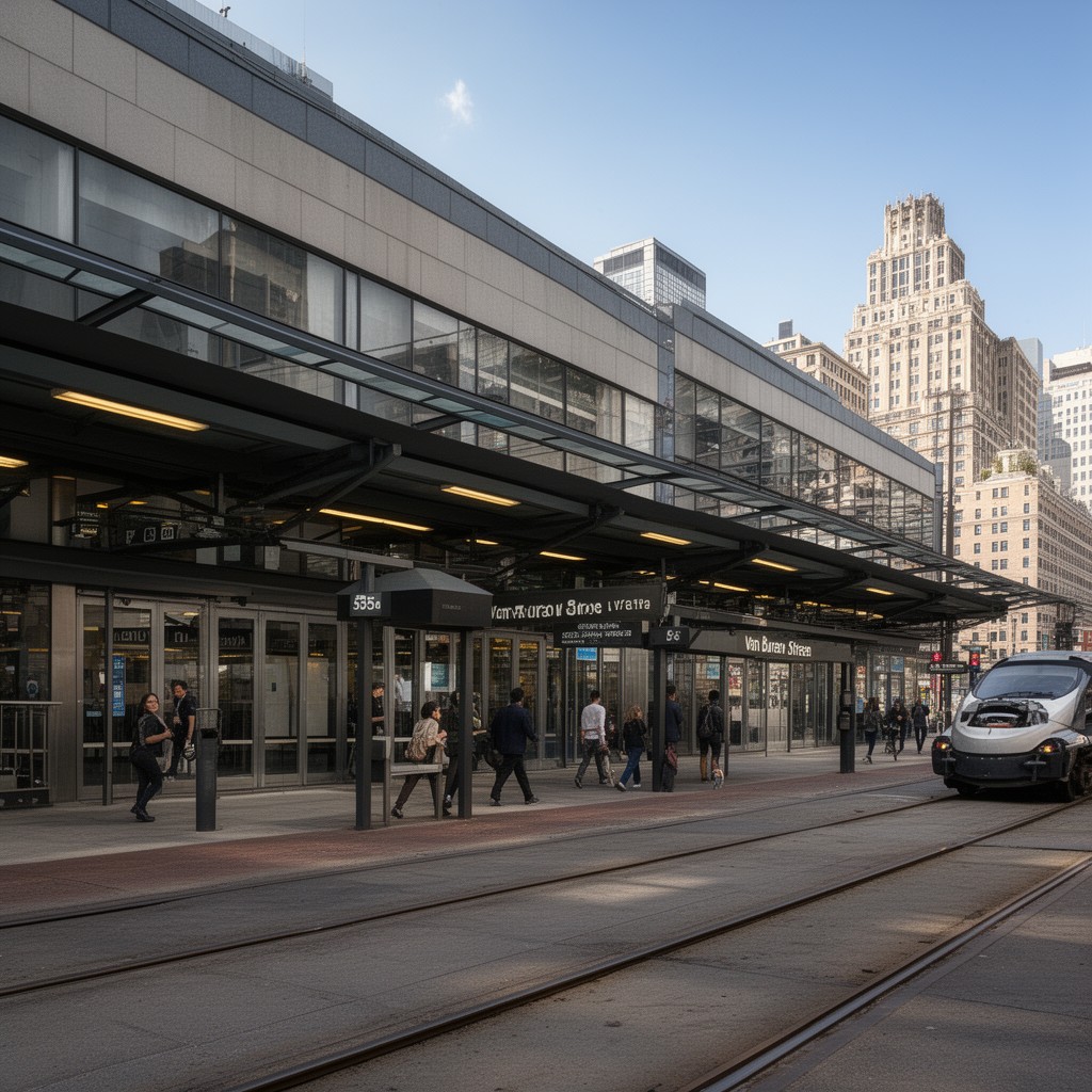 AI-generated illustration of Van Buren Street Metra station