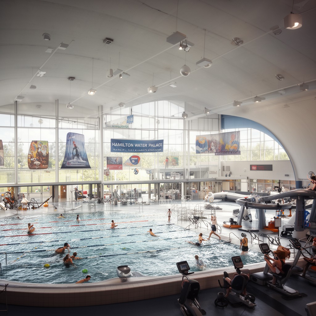AI-generated illustration of Hamilton Water Palace (leisure centre)