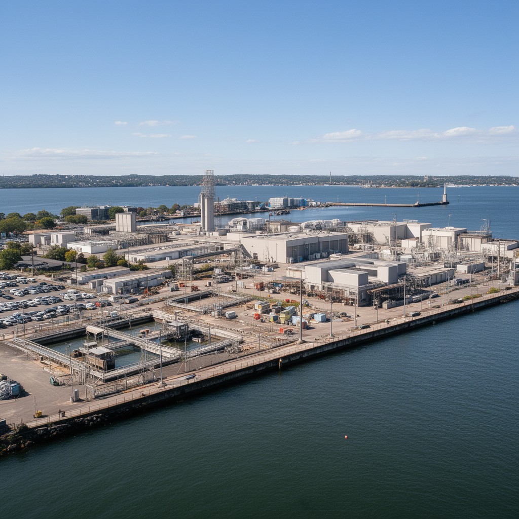 AI-generated illustration of Deer Island Wastewater Treatment Plant