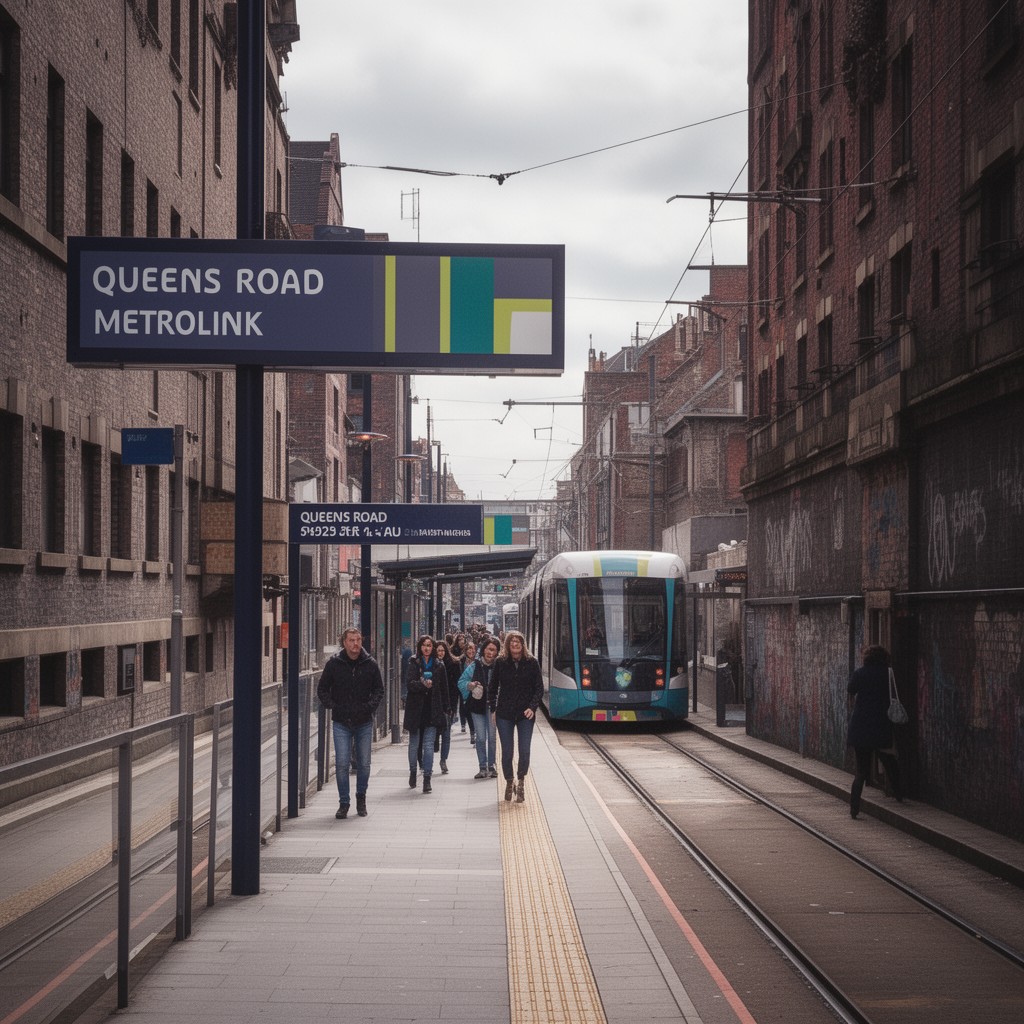 AI-generated illustration of Queens Road Metrolink stop