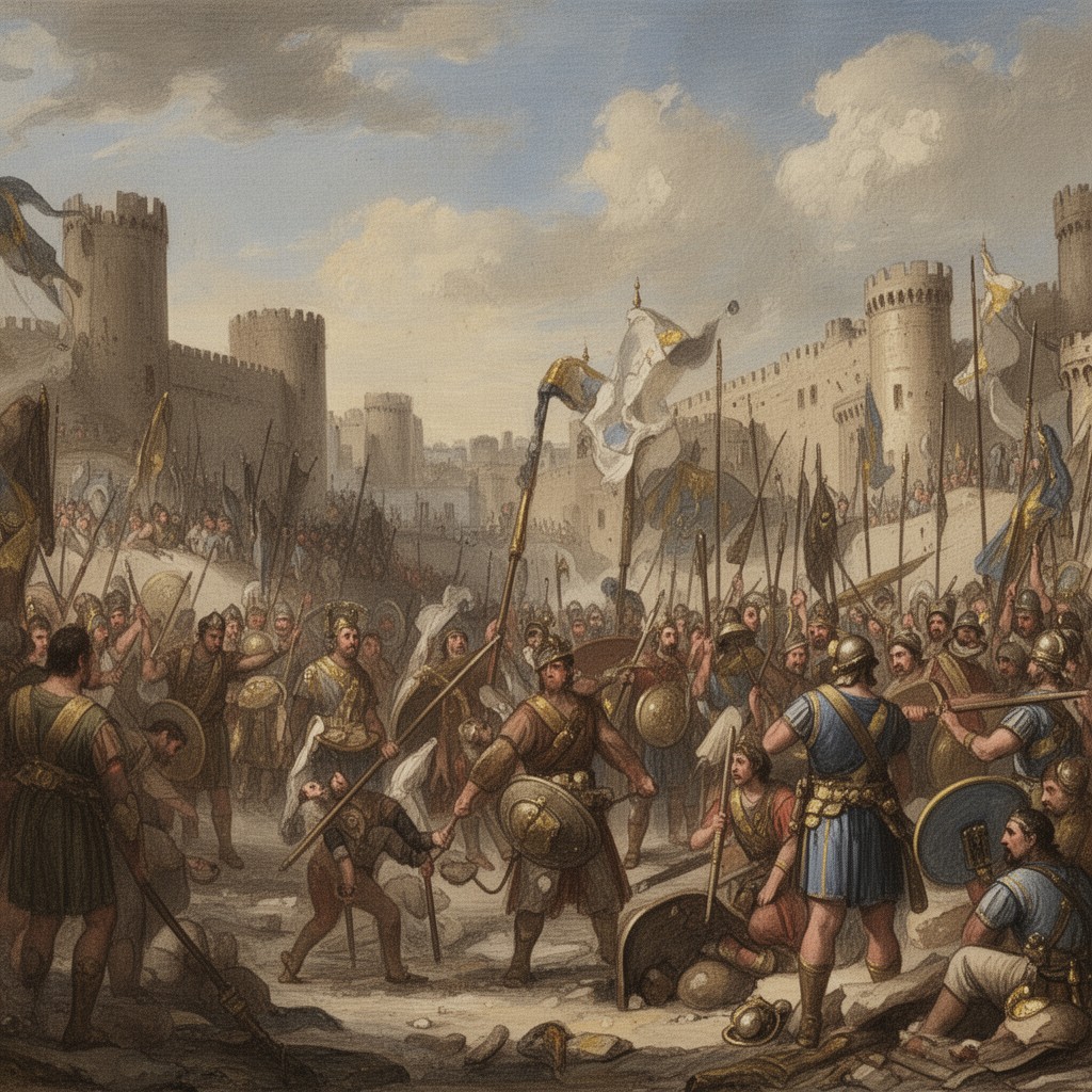 AI-generated illustration of Roman intervention of Pompey in 63 BCE