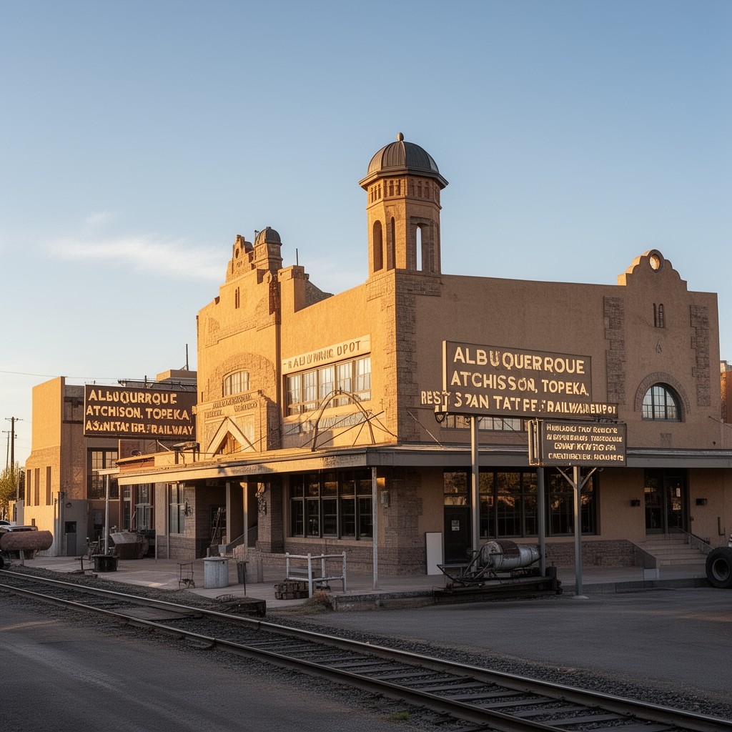 AI-generated illustration of Albuquerque Atchison, Topeka and Santa Fe Railway Depot and related resources (where designated)