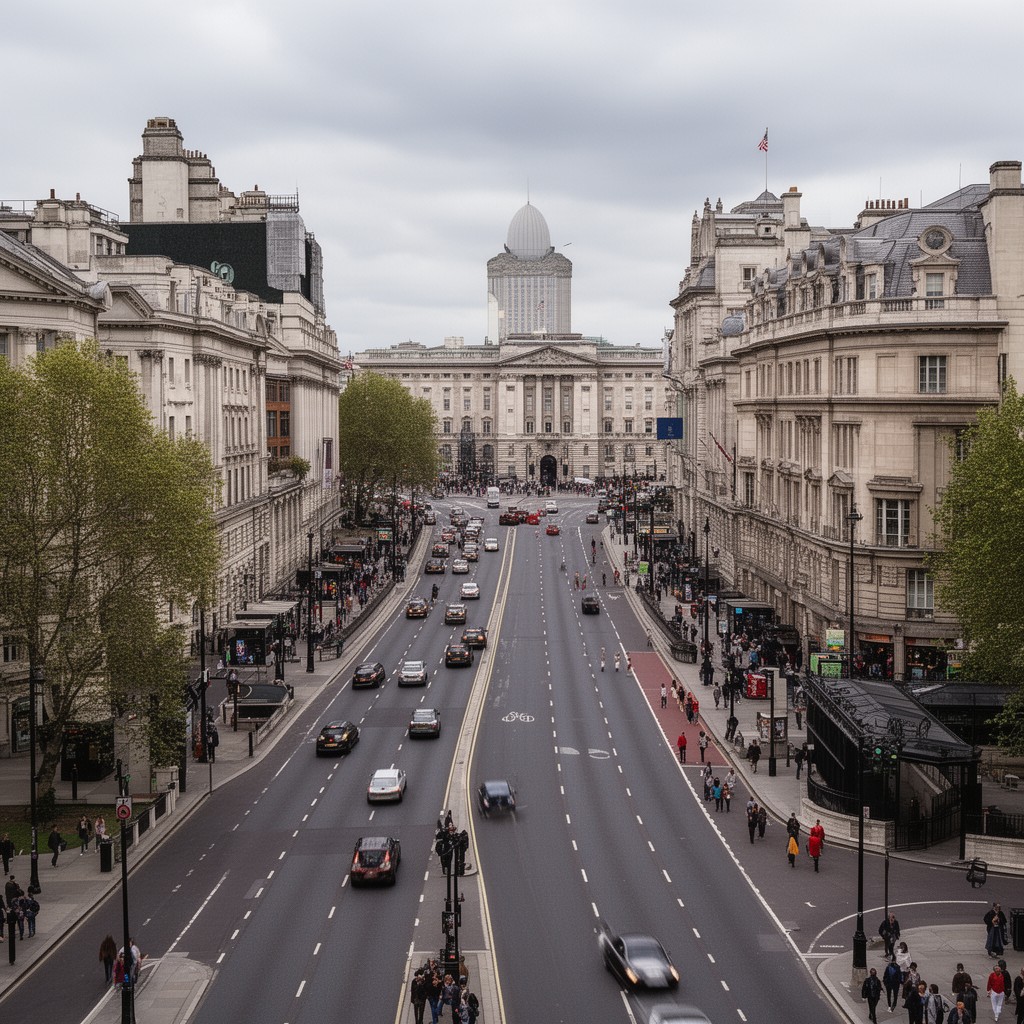 AI-generated illustration of Buckingham Palace Road