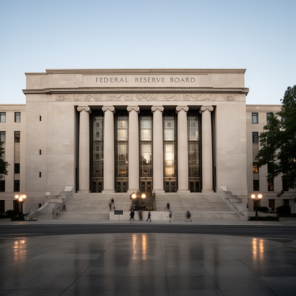 AI-generated illustration of Federal Reserve Board building, Washington, D.C.