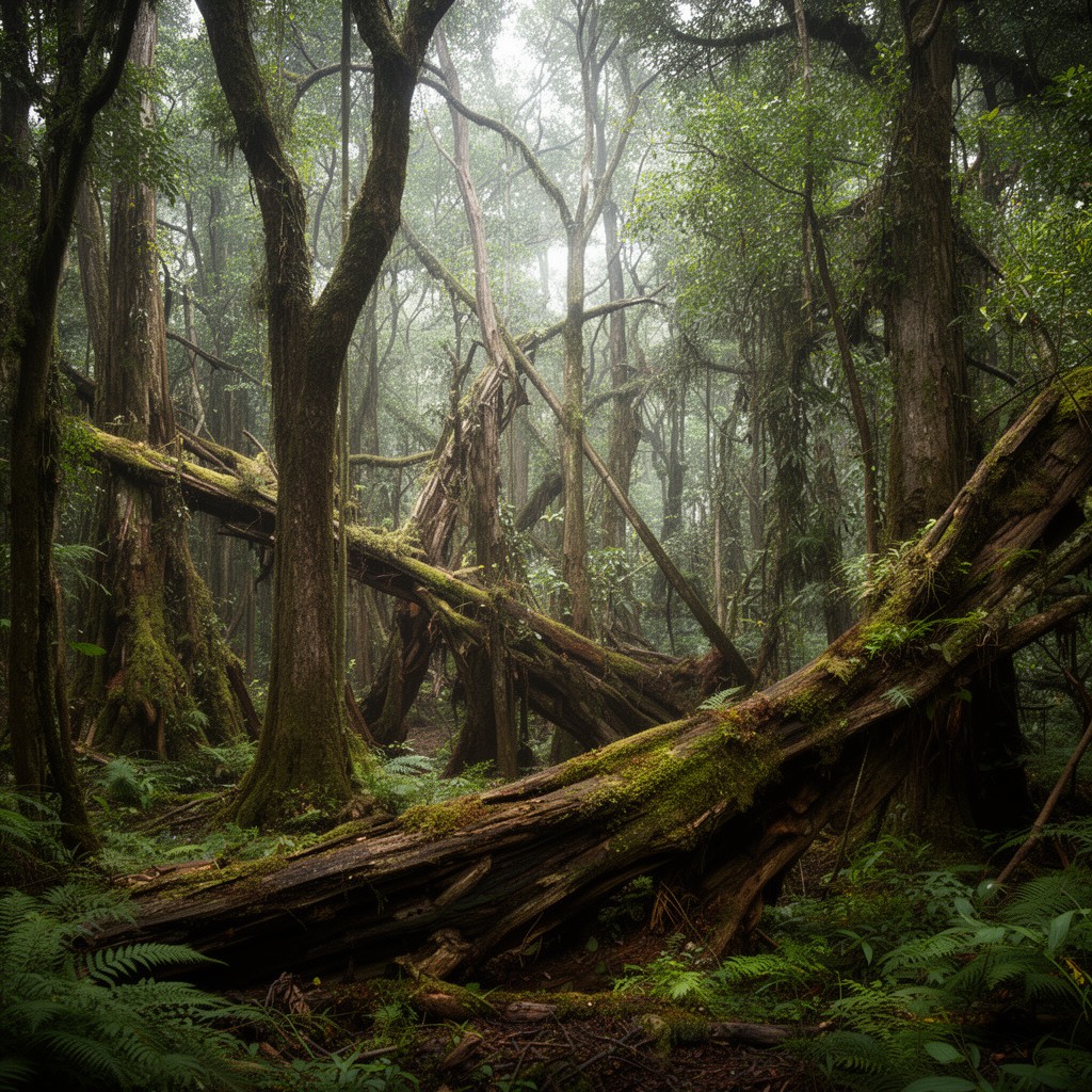 AI-generated illustration of Carboniferous rainforest collapse