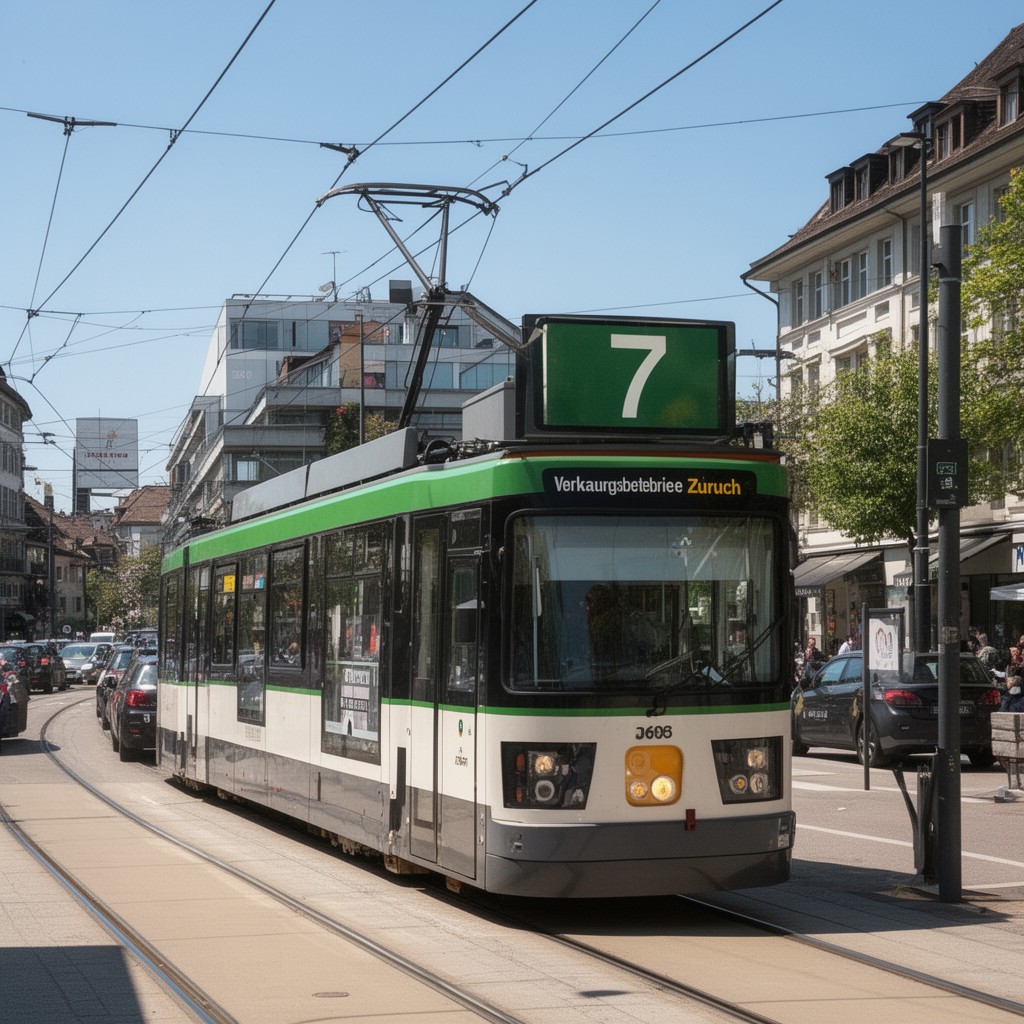 AI-generated illustration of Tram line 7 of Verkehrsbetriebe Zürich