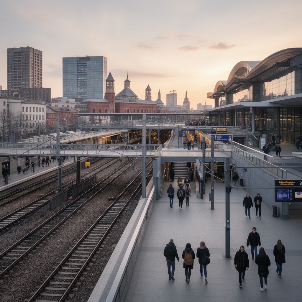 AI-generated illustration of Łódź Fabryczna railway station