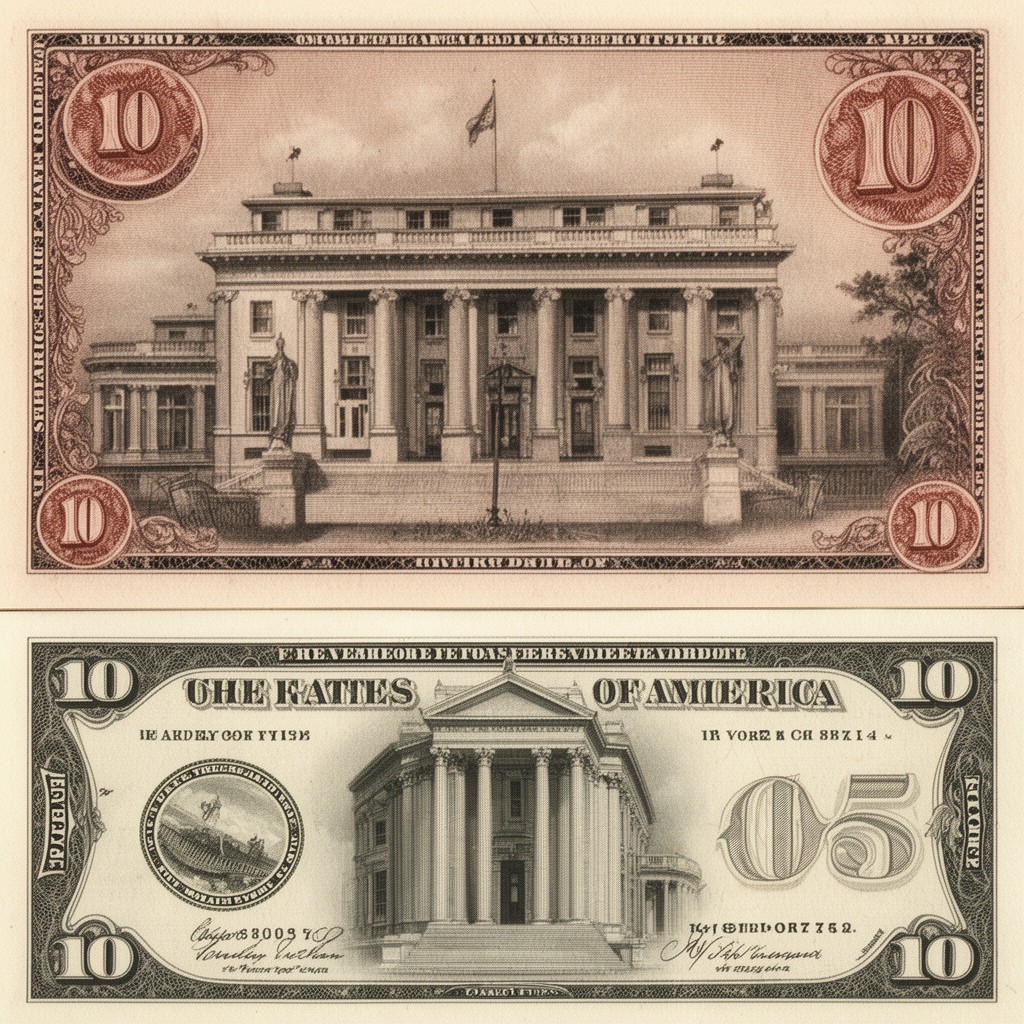 AI-generated illustration of United States ten-dollar bill (reverse, historical designs)