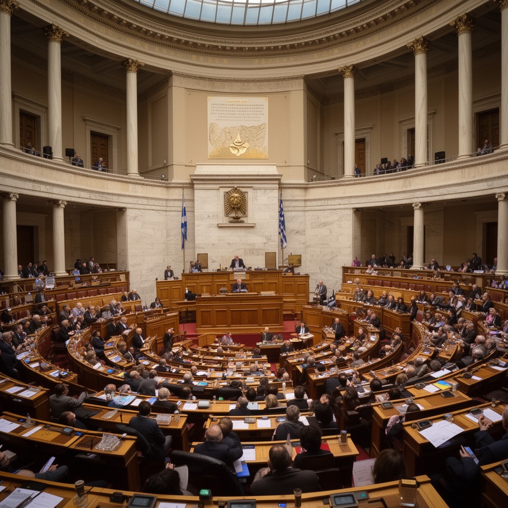 AI-generated illustration of plenary chamber of the Hellenic Parliament