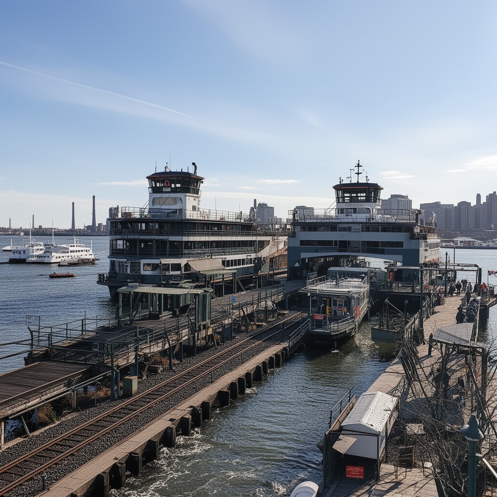 AI-generated illustration of Staten Island Ferry terminals