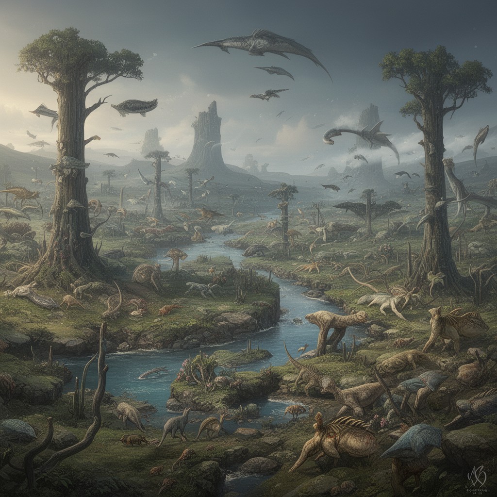 AI-generated illustration of Late Devonian extinction
