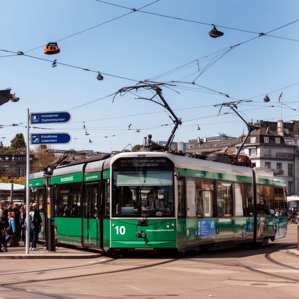 AI-generated illustration of Tram line 10 of Verkehrsbetriebe Zürich