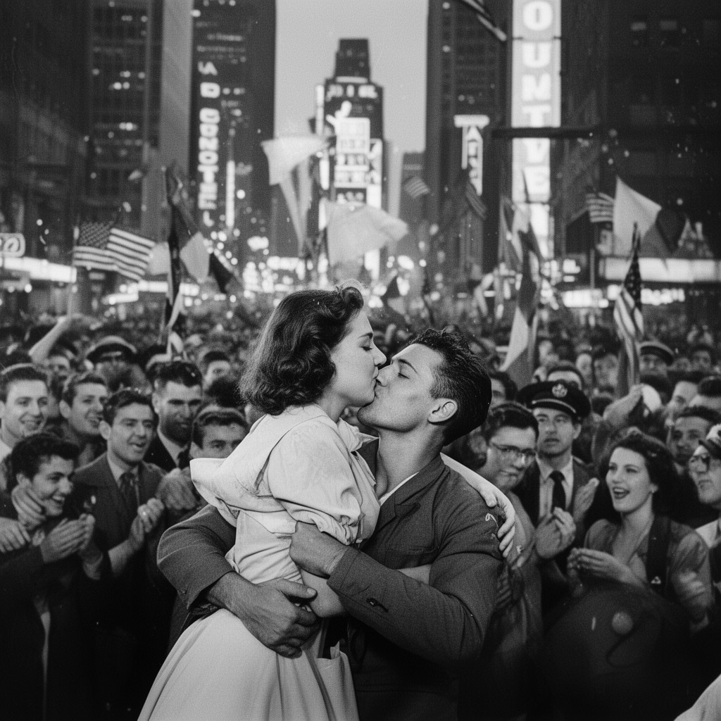 AI-generated illustration of V-J Day in Times Square