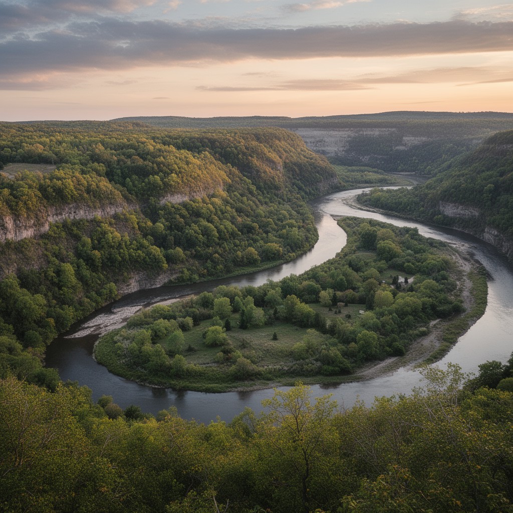 AI-generated illustration of Wisconsin River valley
