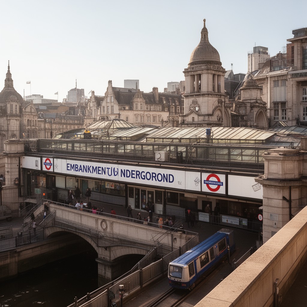 AI-generated illustration of Embankment Underground station (nearby)