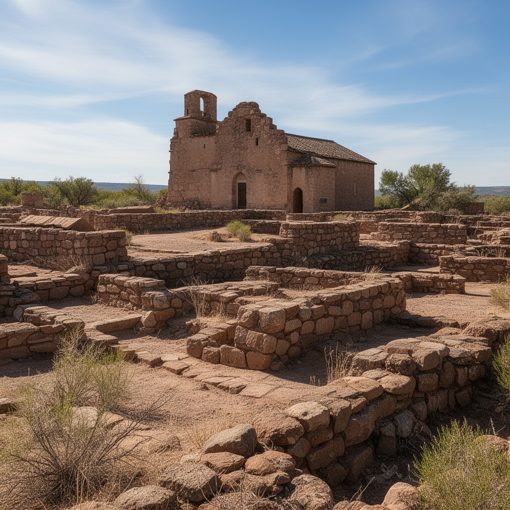 AI-generated illustration of Pecos Pueblo and Mission Church
