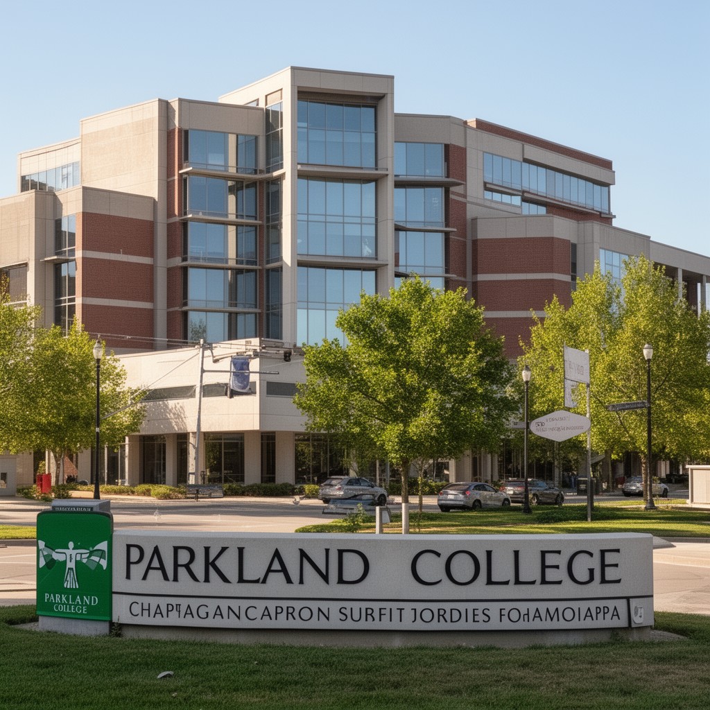 AI-generated illustration of Parkland College (nearby, in Champaign)