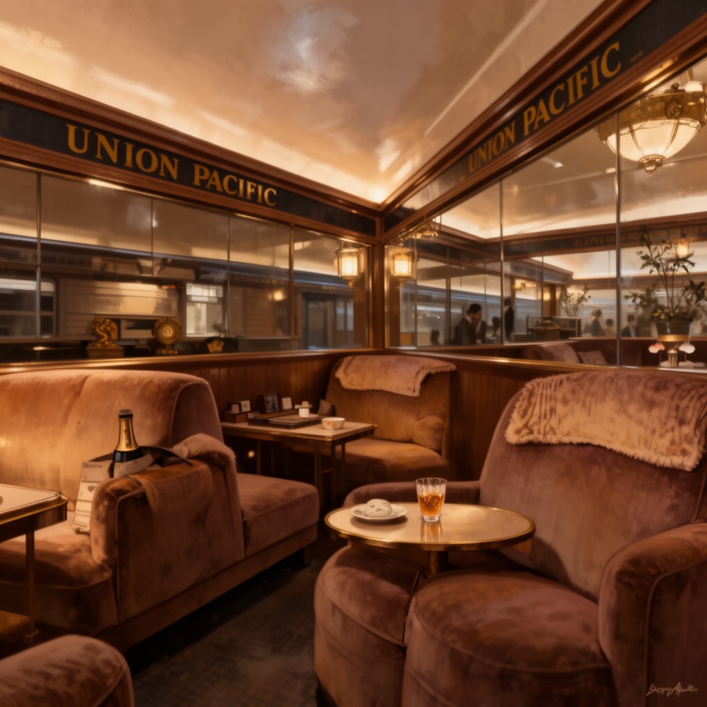 AI-generated illustration of Union Pacific lounge cars