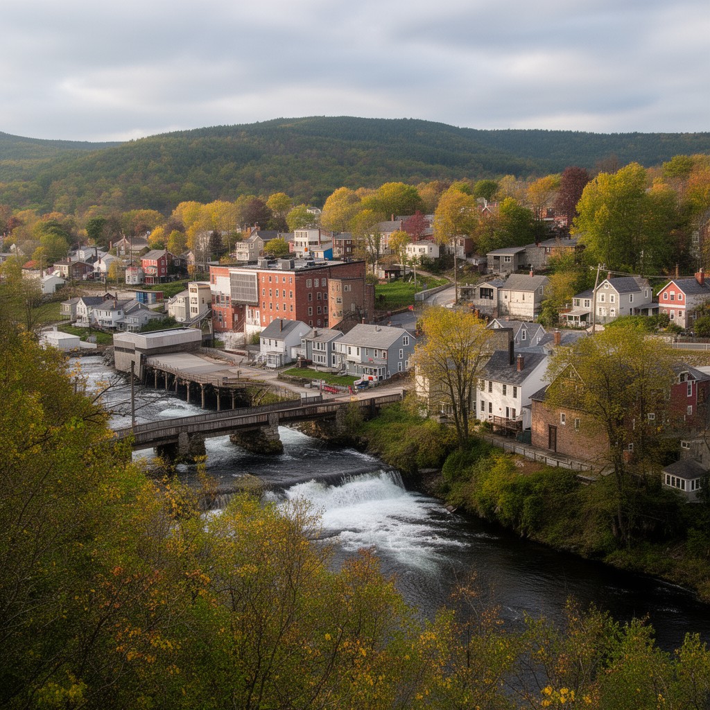 AI-generated illustration of Rumford Falls neighborhood