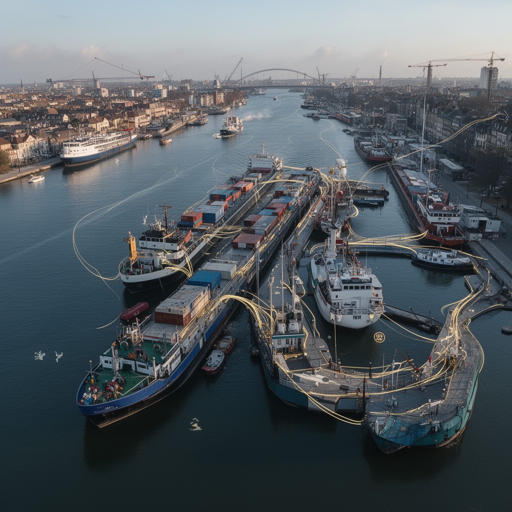 AI-generated illustration of European inland shipping network