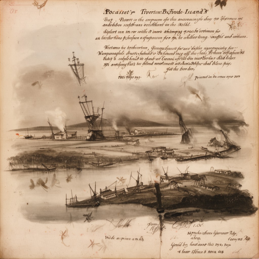 AI-generated illustration of Pocasset (present-day Tiverton, Rhode Island area)