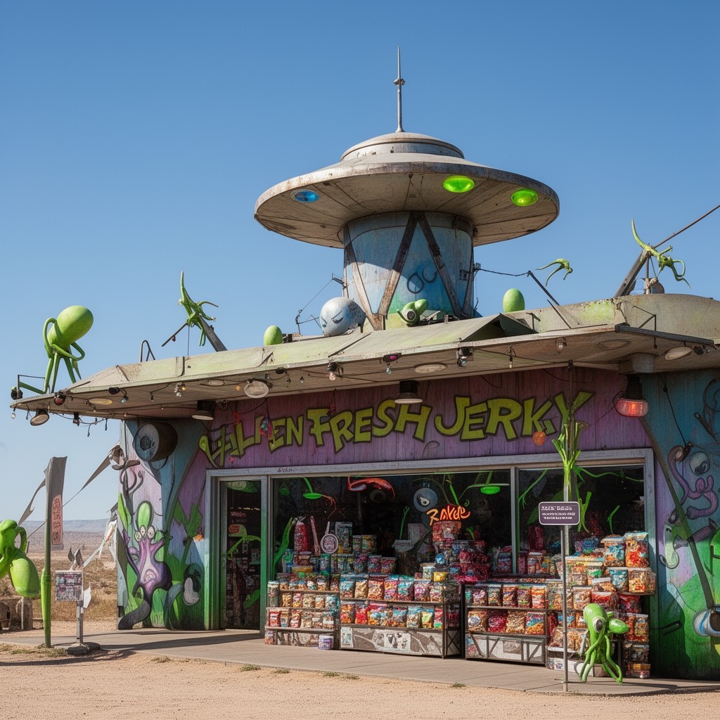 AI-generated illustration of Alien Fresh Jerky store