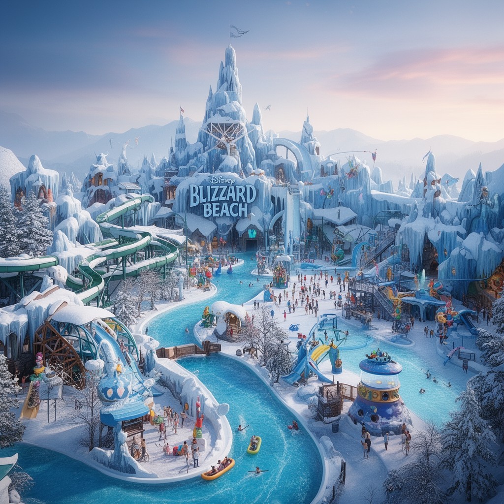 AI-generated illustration of Disney's Blizzard Beach Water Park